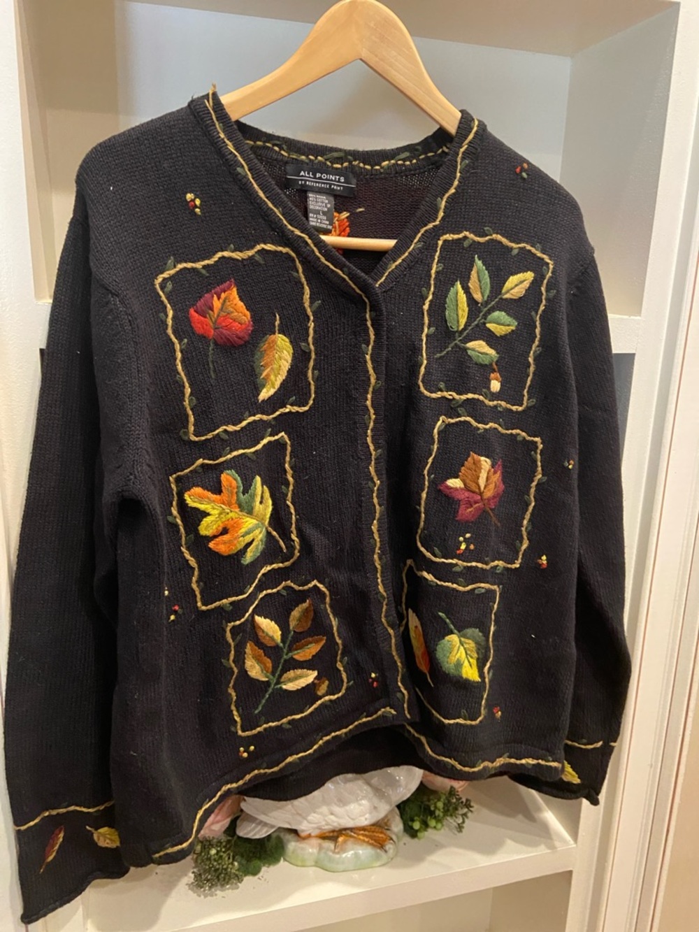 All Points Black Embroidered Fall Autumn Leaf Cardigan Sweater